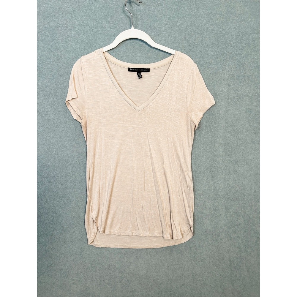 White House Black Market V-Neck Tee Slub Jersey Short Sleeve Oatmeal Beige XS